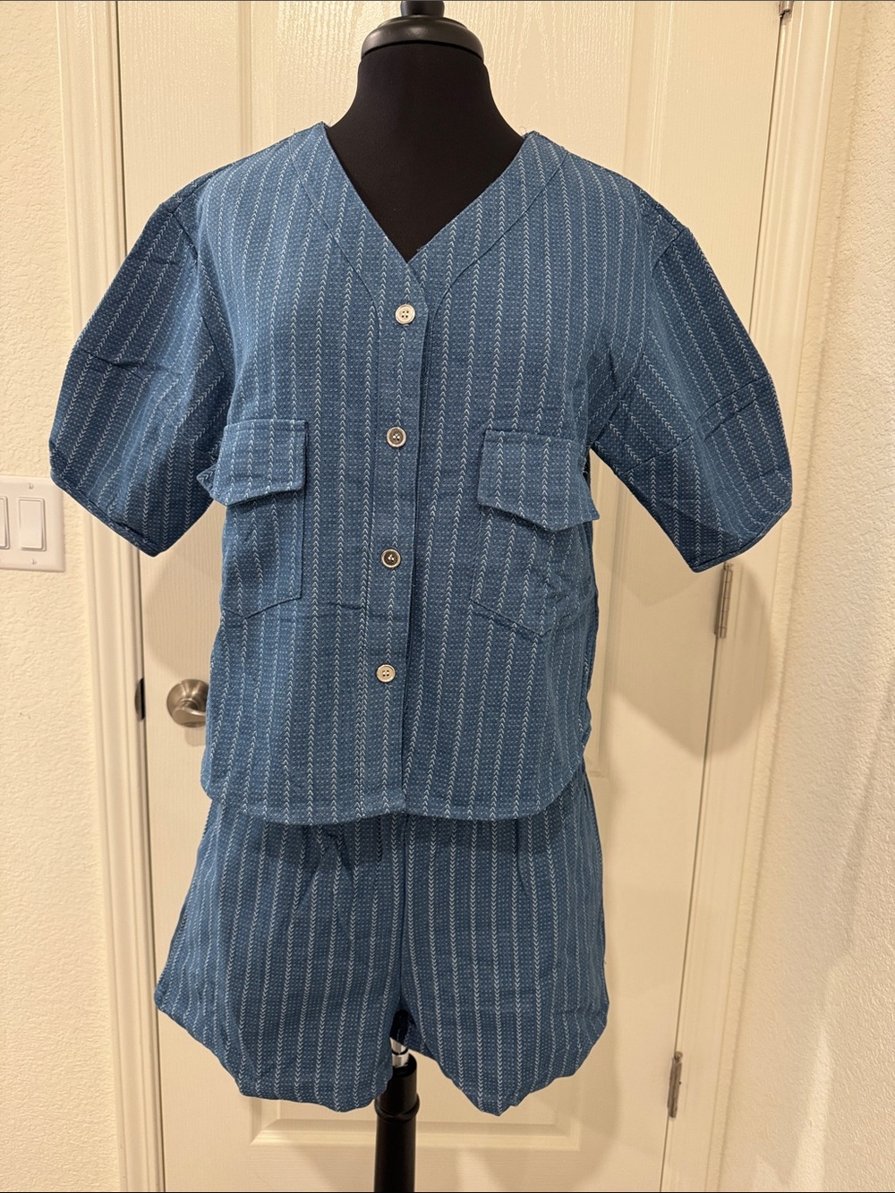Blue Striped Two-Piece Top & Short Denim Set